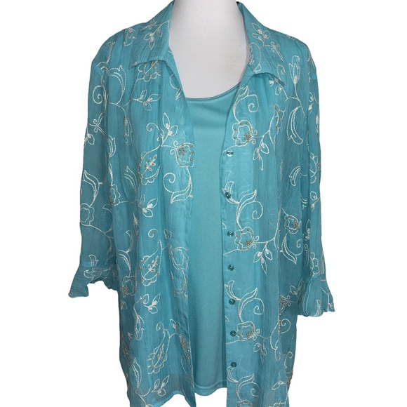 Maggie Barnes Teal Embroidered Blouse - Picture 1 of 8